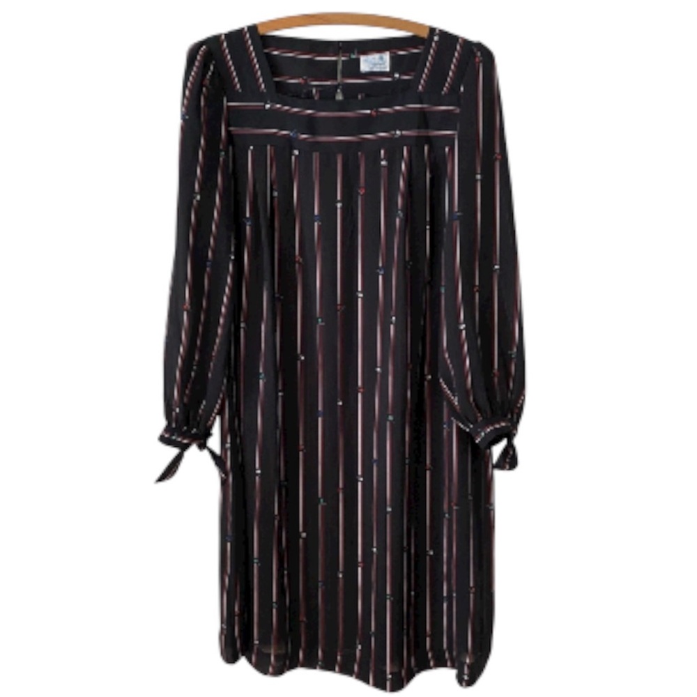 Vintage 80s Tunic Dress Black w/ Red and White Stripes and Tulip Design